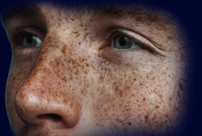 Primer plano del rostro de una persona con pecas y daño solar acumulado